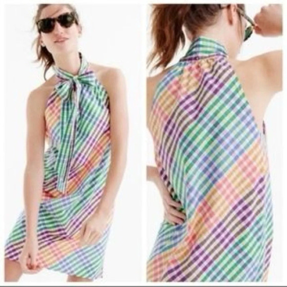 J. Crew Tie Bow Neck Mulitcolor Rainbow Gingham Print Shift Dress Size 6 S Small - Picture 2 of 11